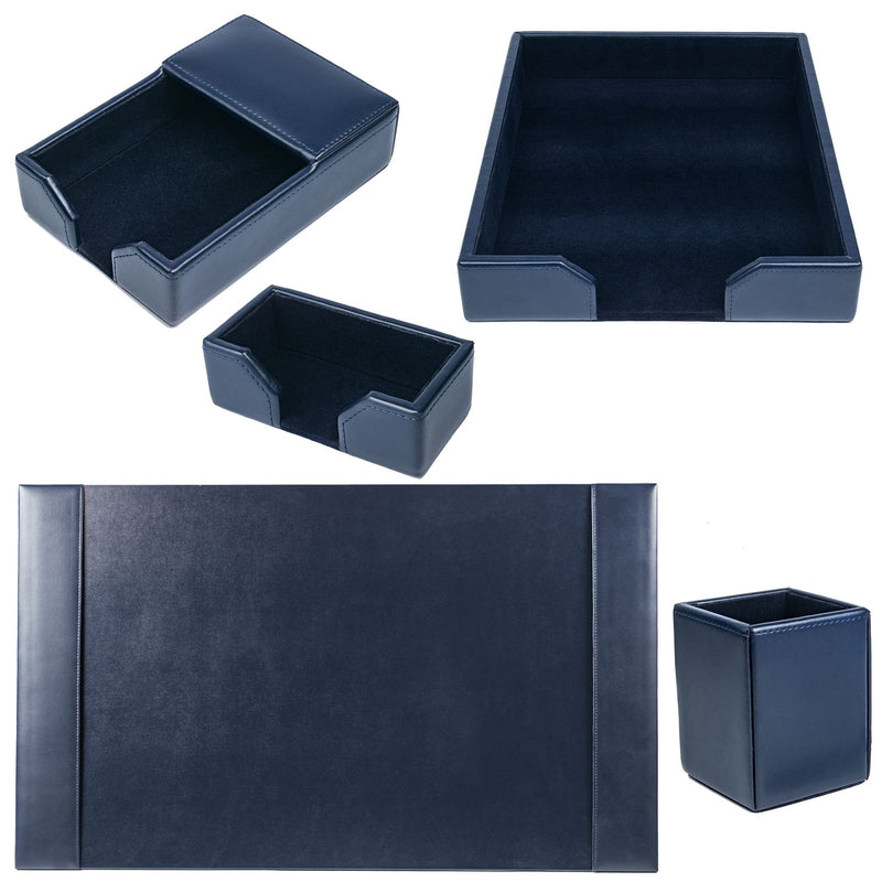 Navy Blue Bonded Leather 5-Piece Desk Set
