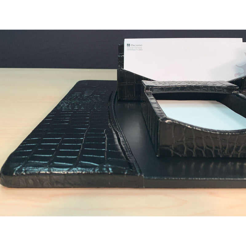 Protacini Black Italian Crocodile Leather 7-Piece Desk Set