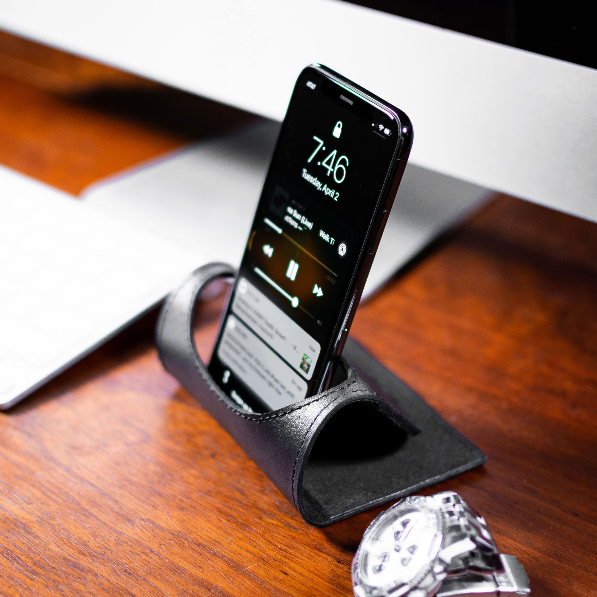 Classic Black Leather Foldable Cell Phone Holder