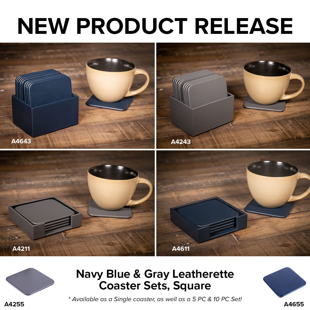 NEW PRODUCT RELEASE: Navy Blue & Gray Leatherette Coaster Sets, Square