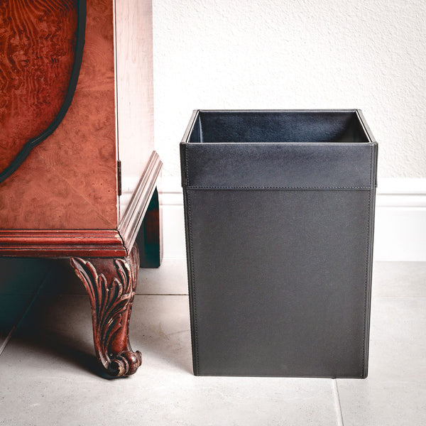 Classic Black Leather Square Waste Basket, 14 Qt