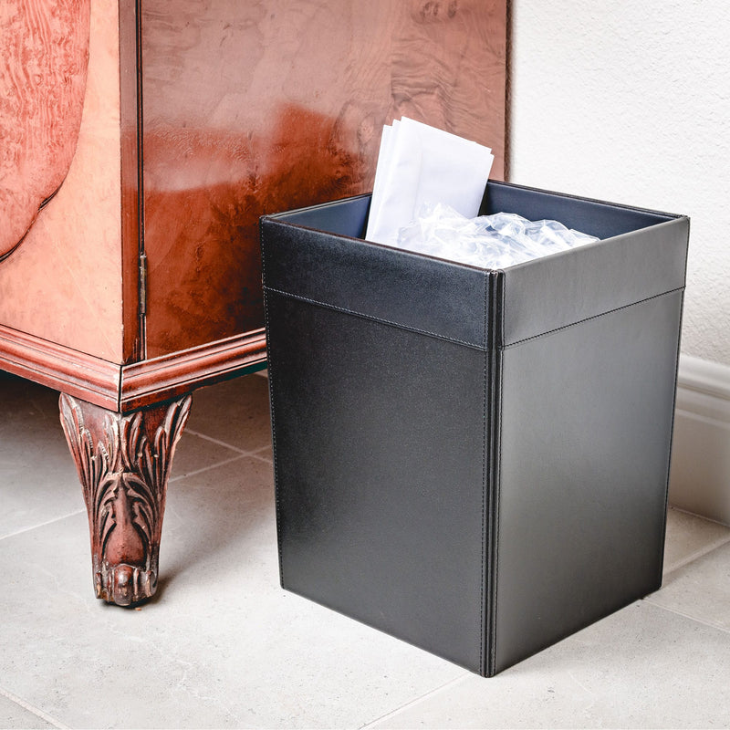 Classic Black Leather Square Waste Basket, 14 Qt