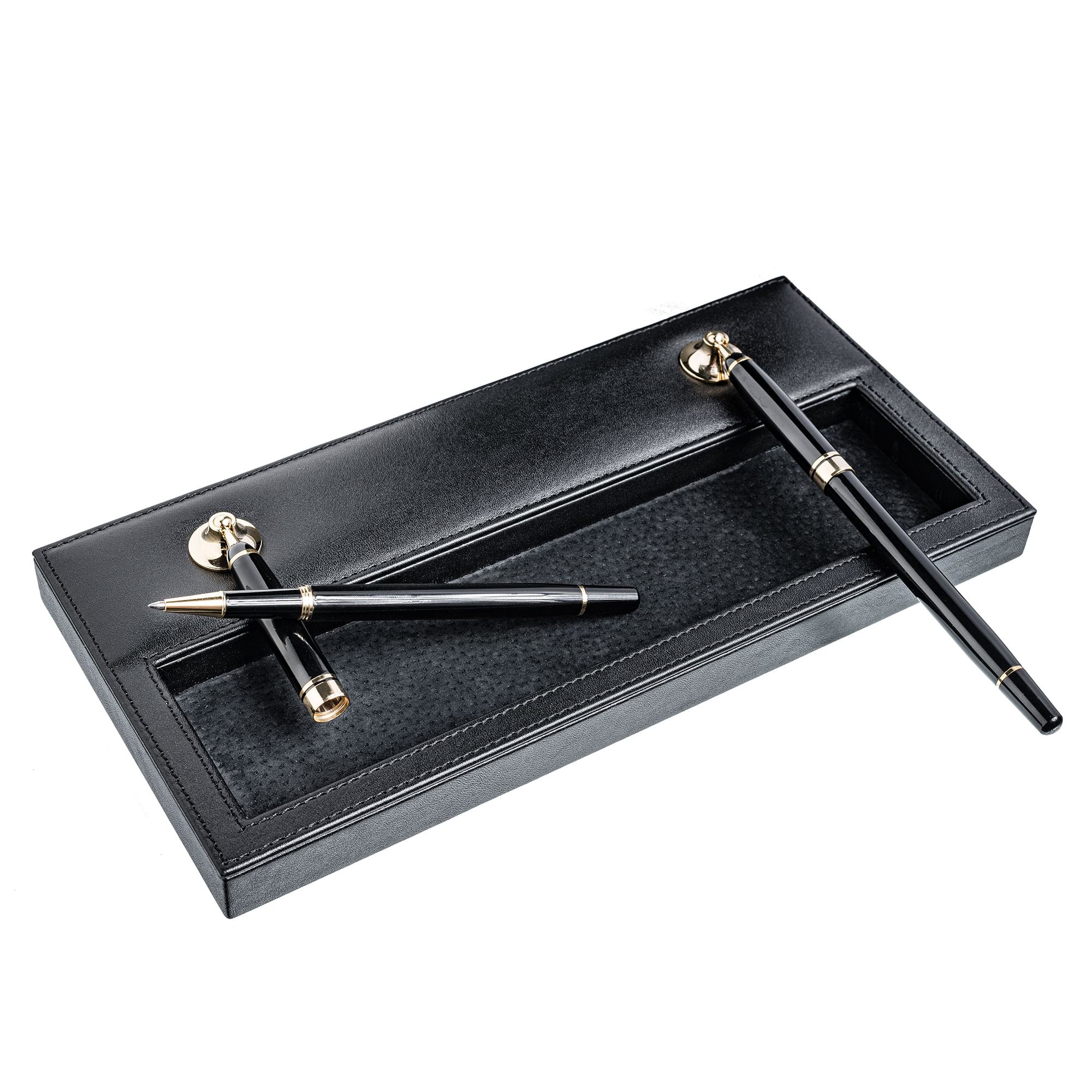 Black Leather Double Pen Stand w/ Gold Accents