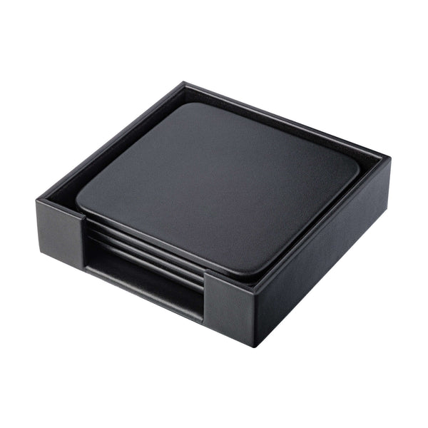 Black Leatherette 4 Square Coaster Set w/ Holder