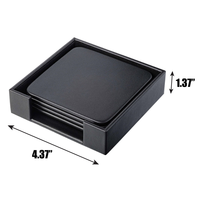 Black Leatherette 4 Square Coaster Set w/ Holder