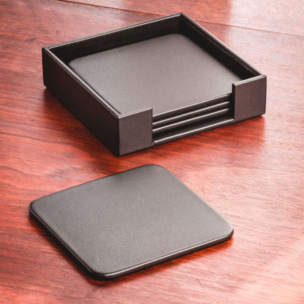 Black Leatherette 4 Square Coaster Set w/ Holder