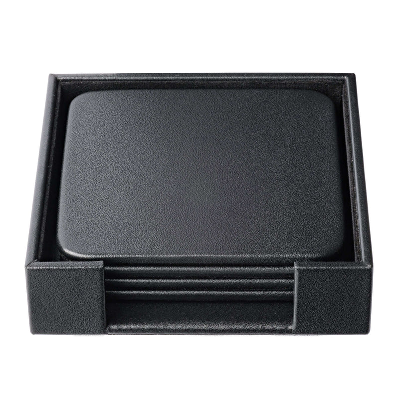 Black Leatherette 4 Square Coaster Set w/ Holder