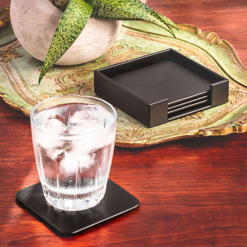 Black Leatherette 4 Square Coaster Set w/ Holder