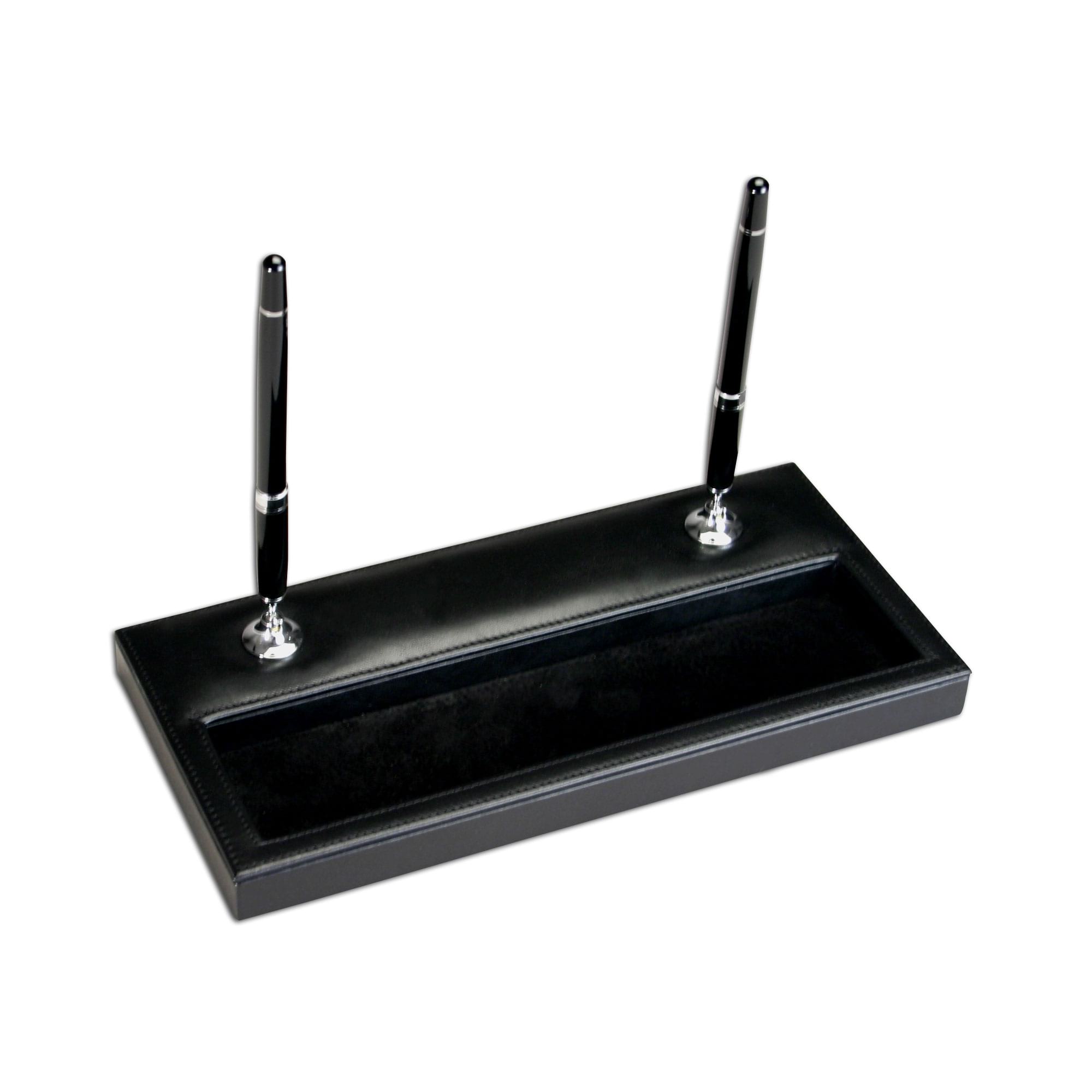 Black Leather Double Pen Stand w/ Silver Accents