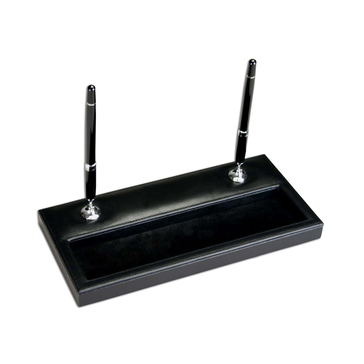 Black Leather Double Pen Stand w/ Silver Accents