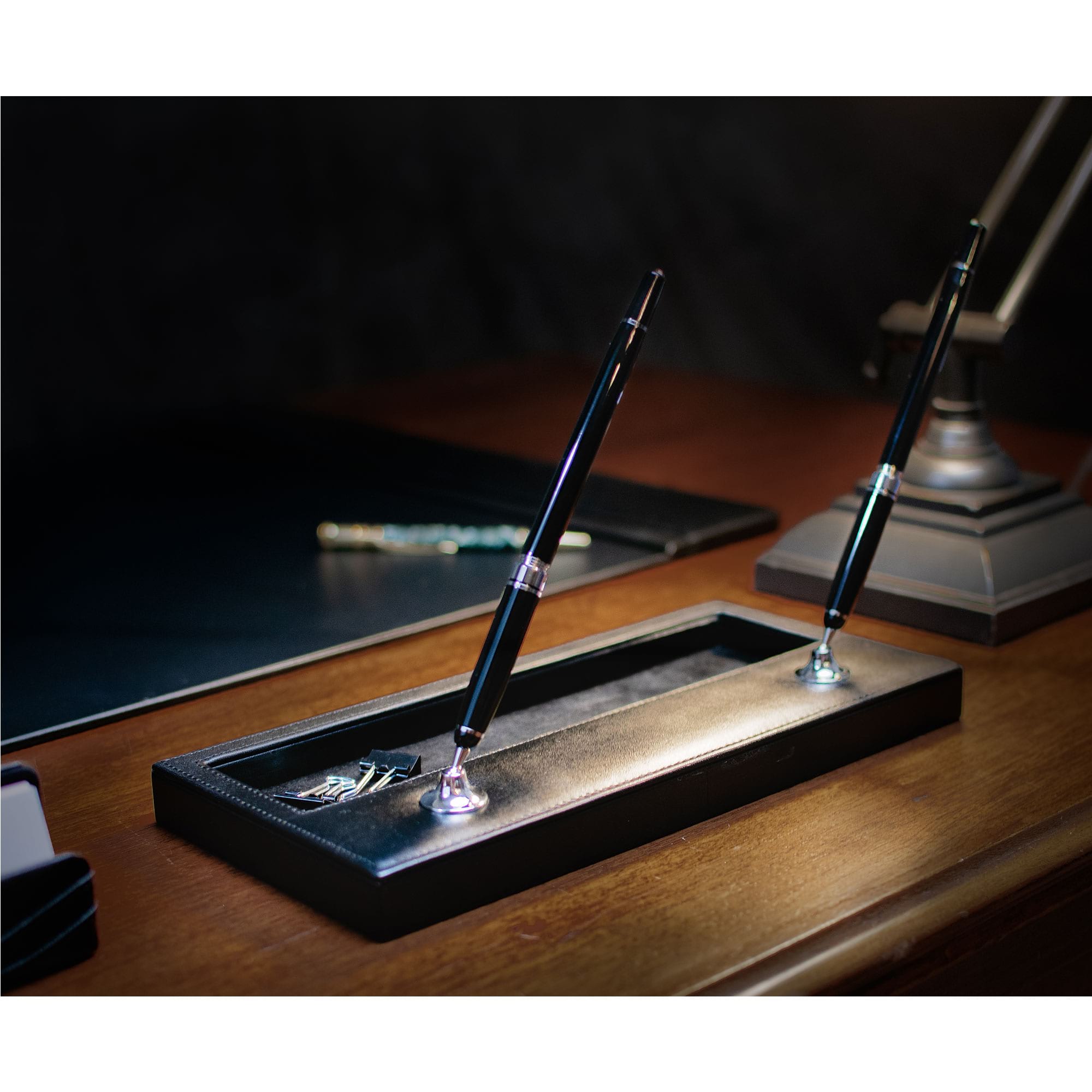Black Leather Double Pen Stand w/ Silver Accents