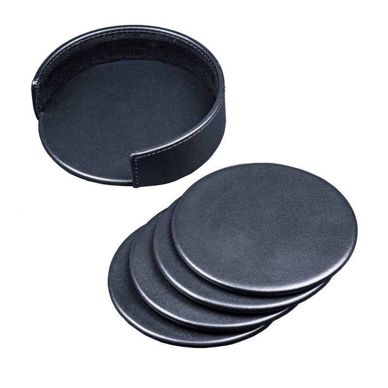 Black Leatherette 4 Round Coaster Set w/ Holder