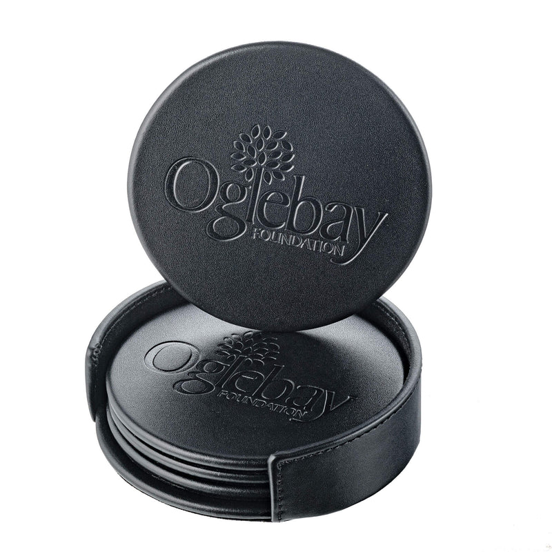 Black Leatherette 4 Round Coaster Set w/ Holder