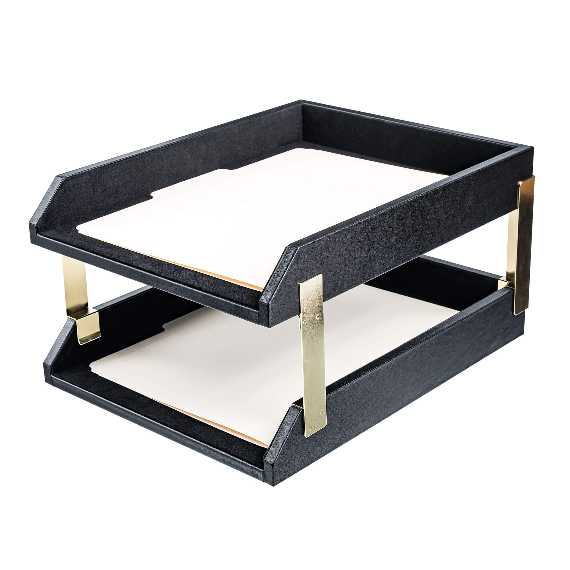 Classic Black Leather Front-Load Double Letter Trays with Gold Stacking Posts