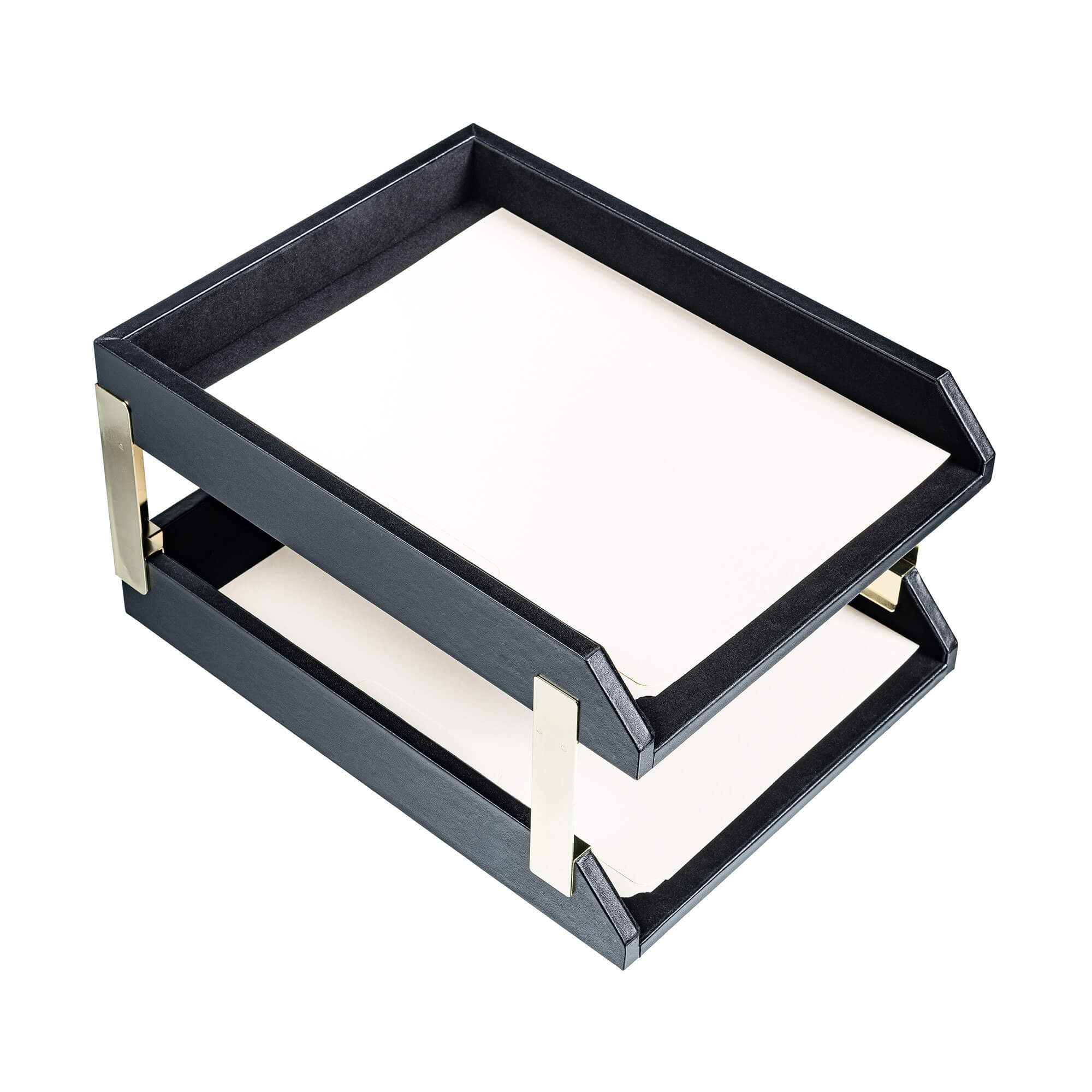 Classic Black Leather Front-Load Double Letter Trays with Gold Stacking Posts