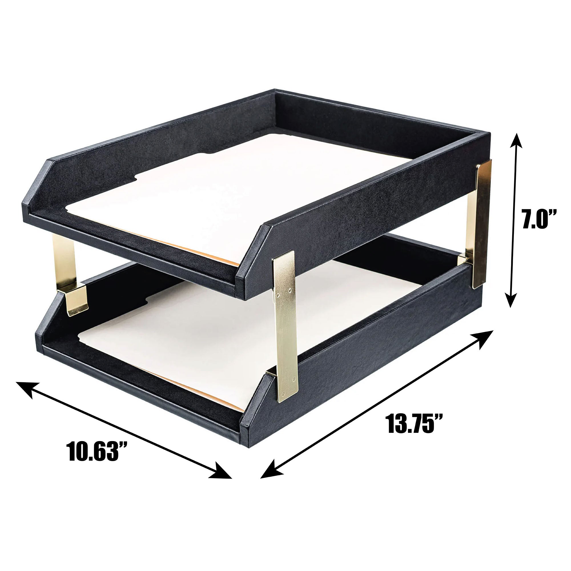 Classic Black Leather Front-Load Double Letter Trays with Gold Stacking Posts