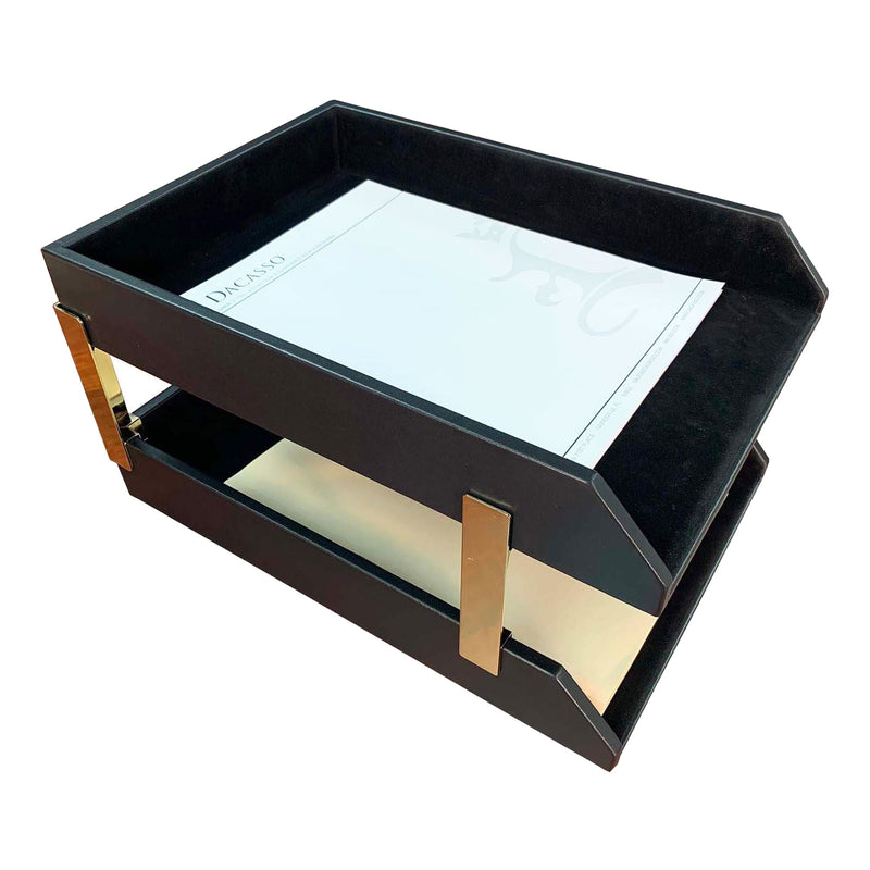 Classic Black Leather Letter Trays, Legal, Stacking Set, Gold