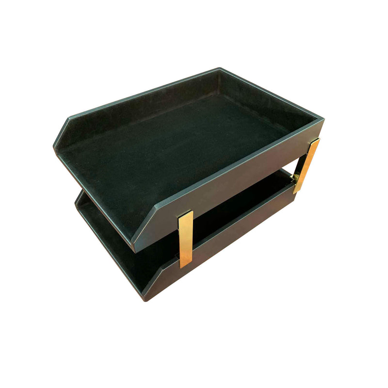 Classic Black Leather Letter Trays, Legal, Stacking Set, Gold