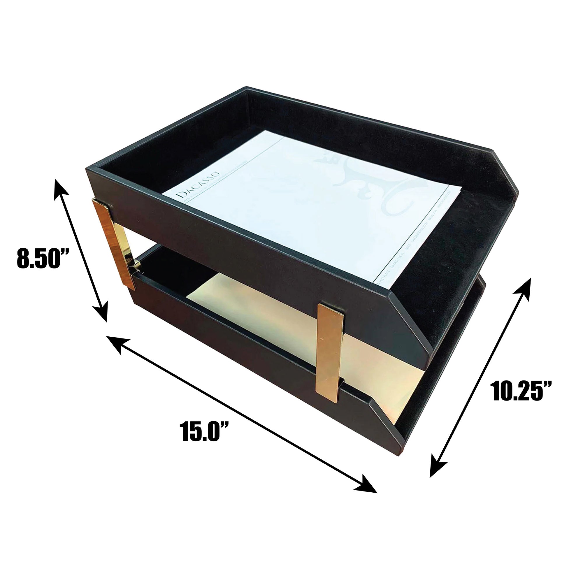Classic Black Leather Letter Trays, Legal, Stacking Set, Gold