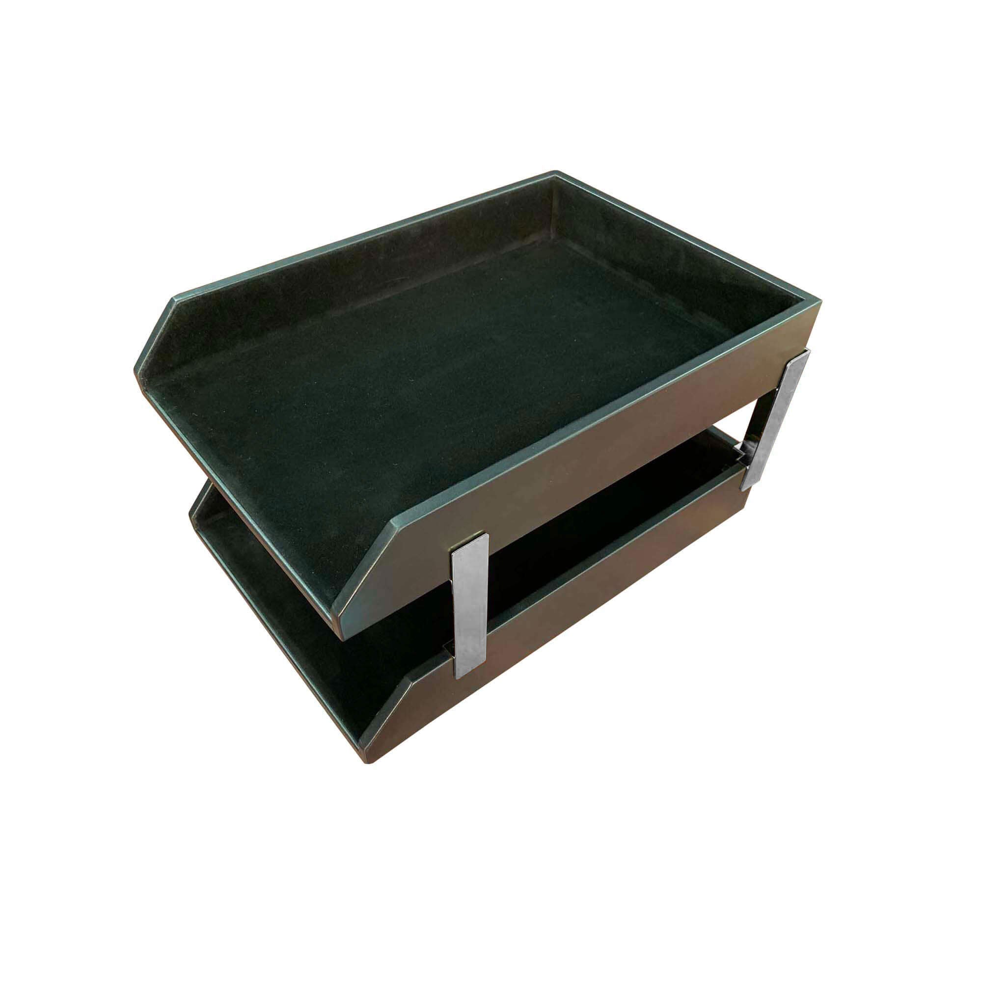 Classic Black Leather Double Legal Trays with Silver Posts
