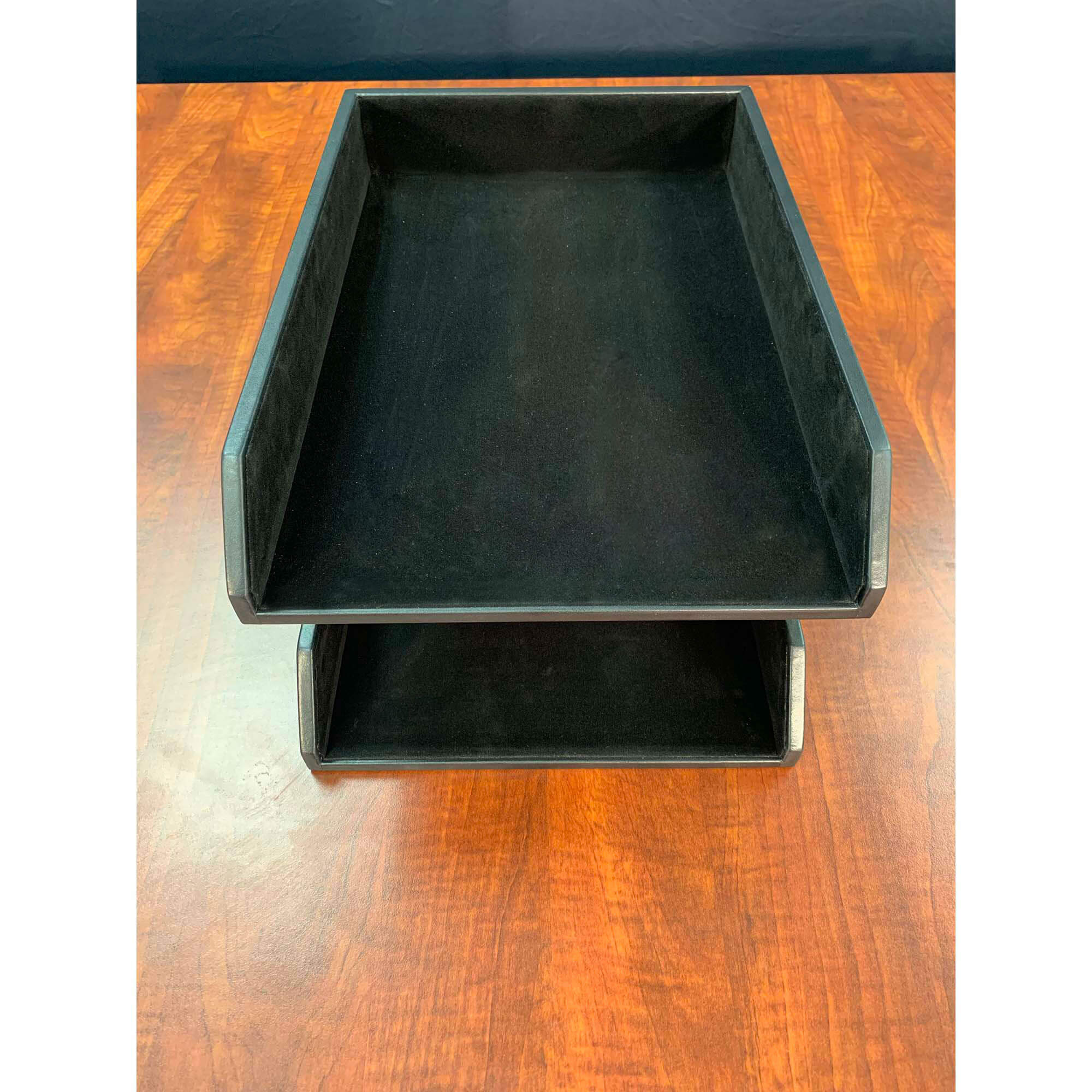 Classic Black Leather Double Legal Trays with Silver Posts