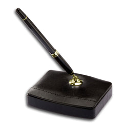 Classic Black Leather Single Pen Stand with Gold Accents