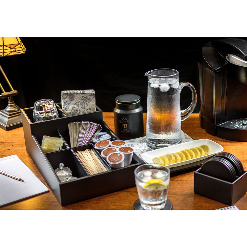 Classic Black Leather Coffee Condiment Organizer