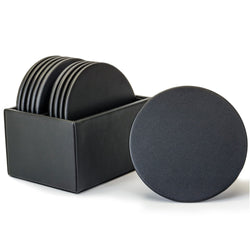 Black Leather 10 Round Coaster Set w/ Holder