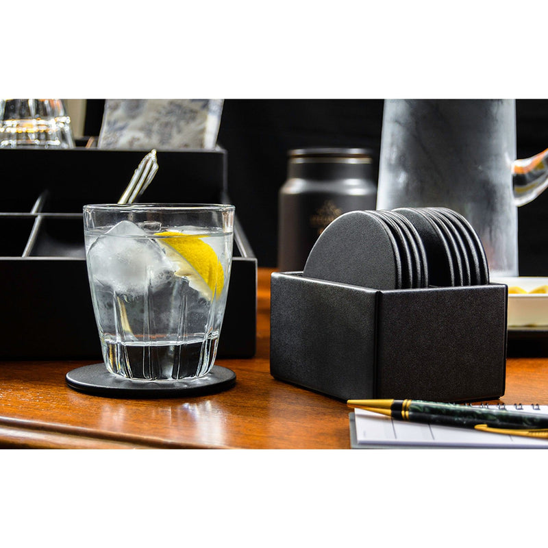 Black Leather 10 Round Coaster Set w/ Holder