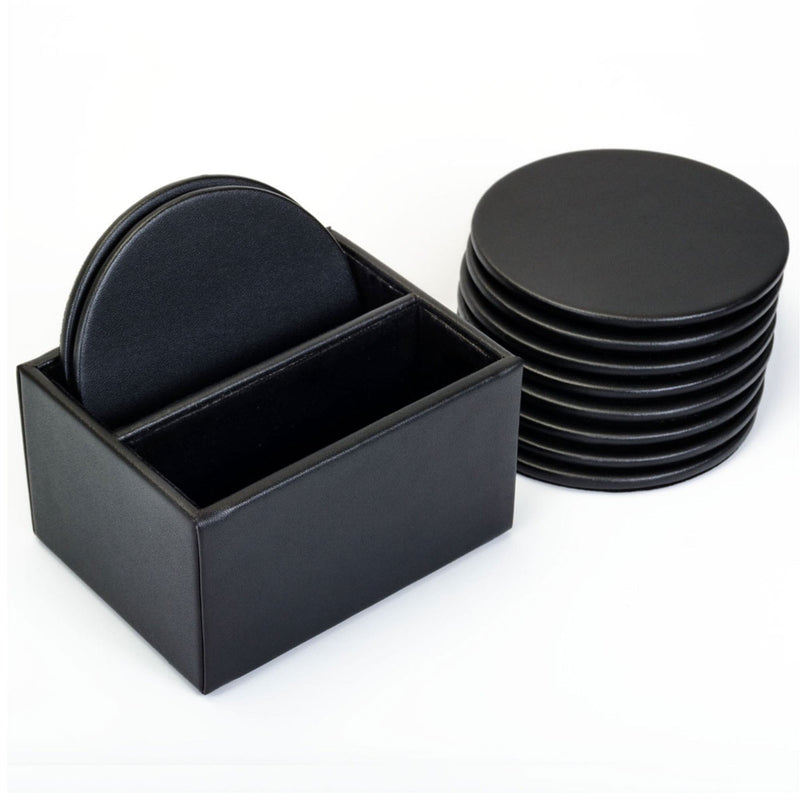 Black Leather 10 Round Coaster Set w/ Holder