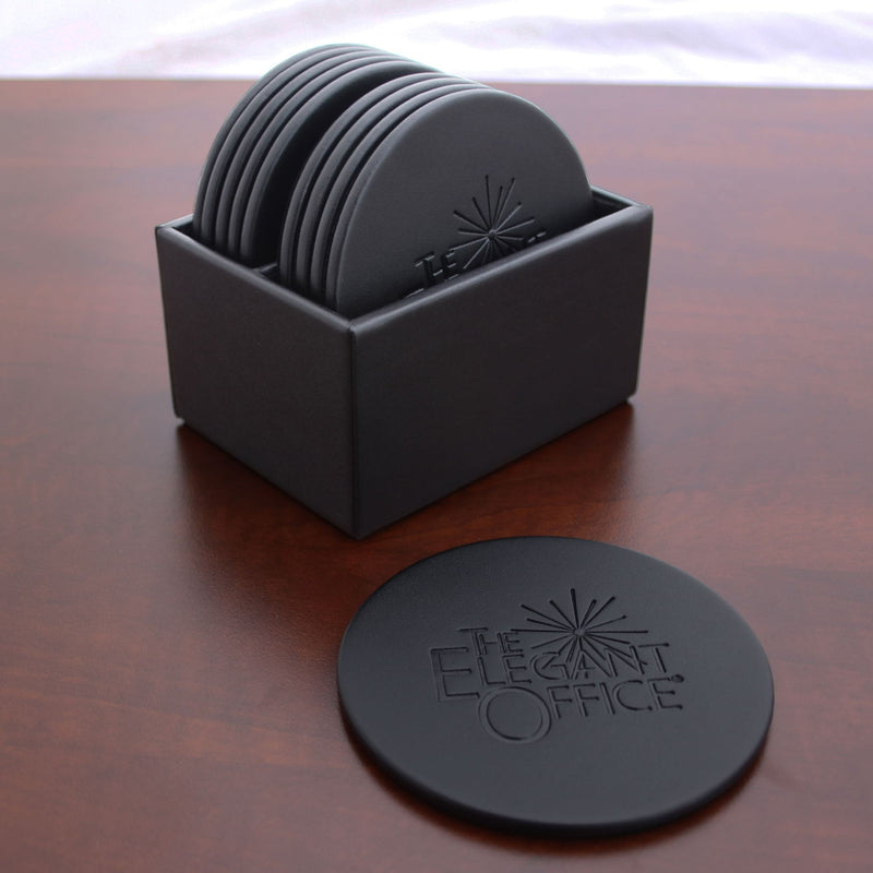 Black Leather 10 Round Coaster Set w/ Holder