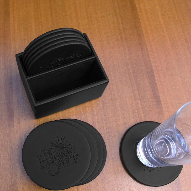 Black Leather 10 Round Coaster Set w/ Holder