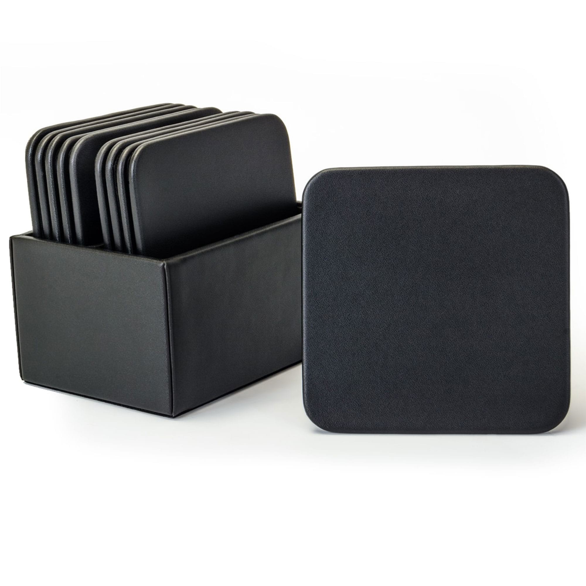 Black Leather 10 Square Coaster Set w/ Holder