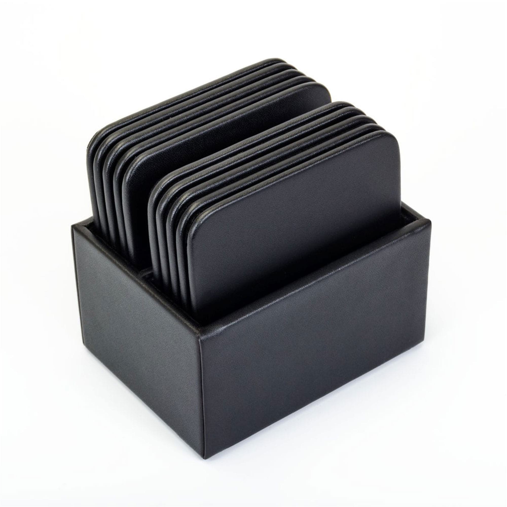 Black Leather 10 Square Coaster Set w/ Holder