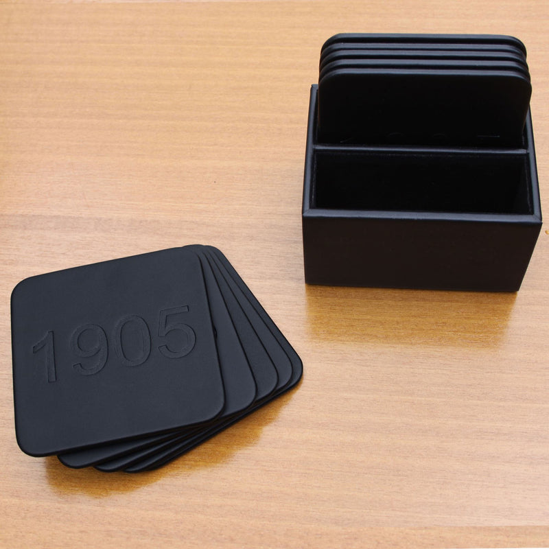 Black Leather 10 Square Coaster Set w/ Holder