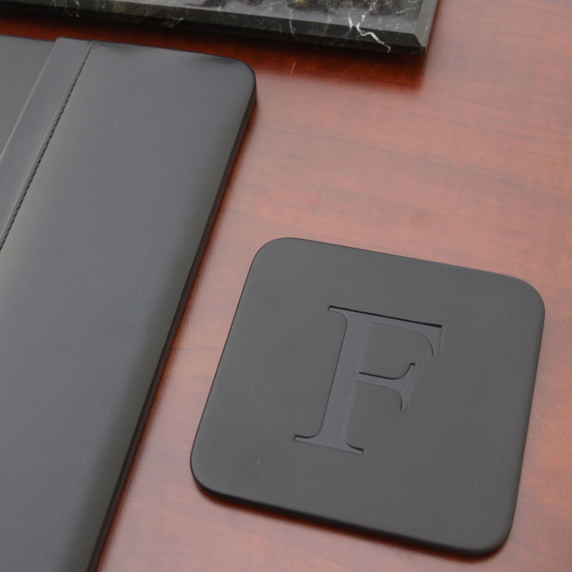 Black Leather 10 Square Coaster Set w/ Holder