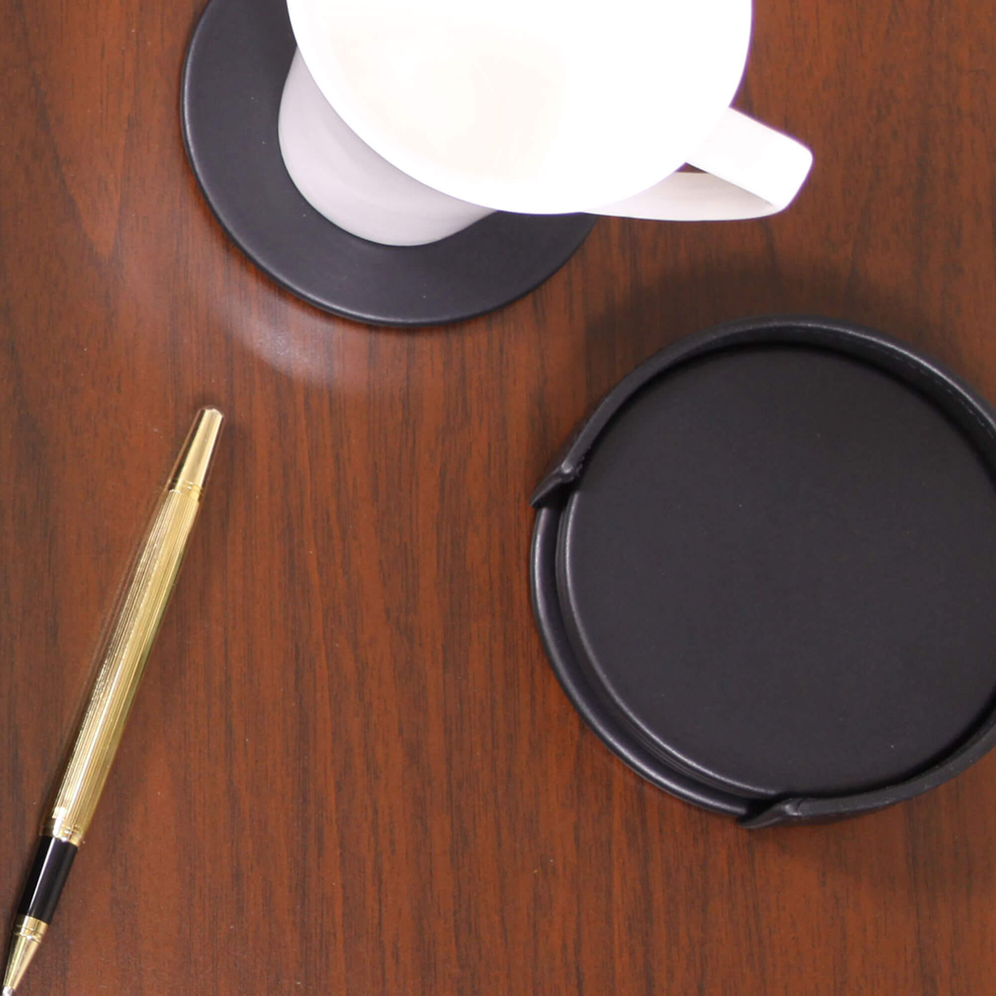 Black Leather 4 Round Coaster Set w/ Holder