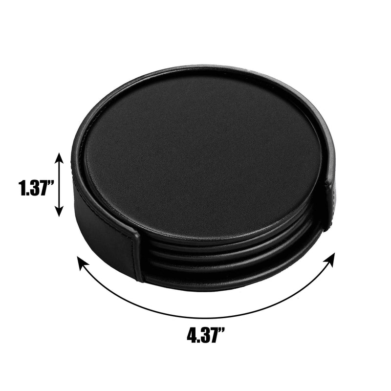 Black Leather 4 Round Coaster Set w/ Holder