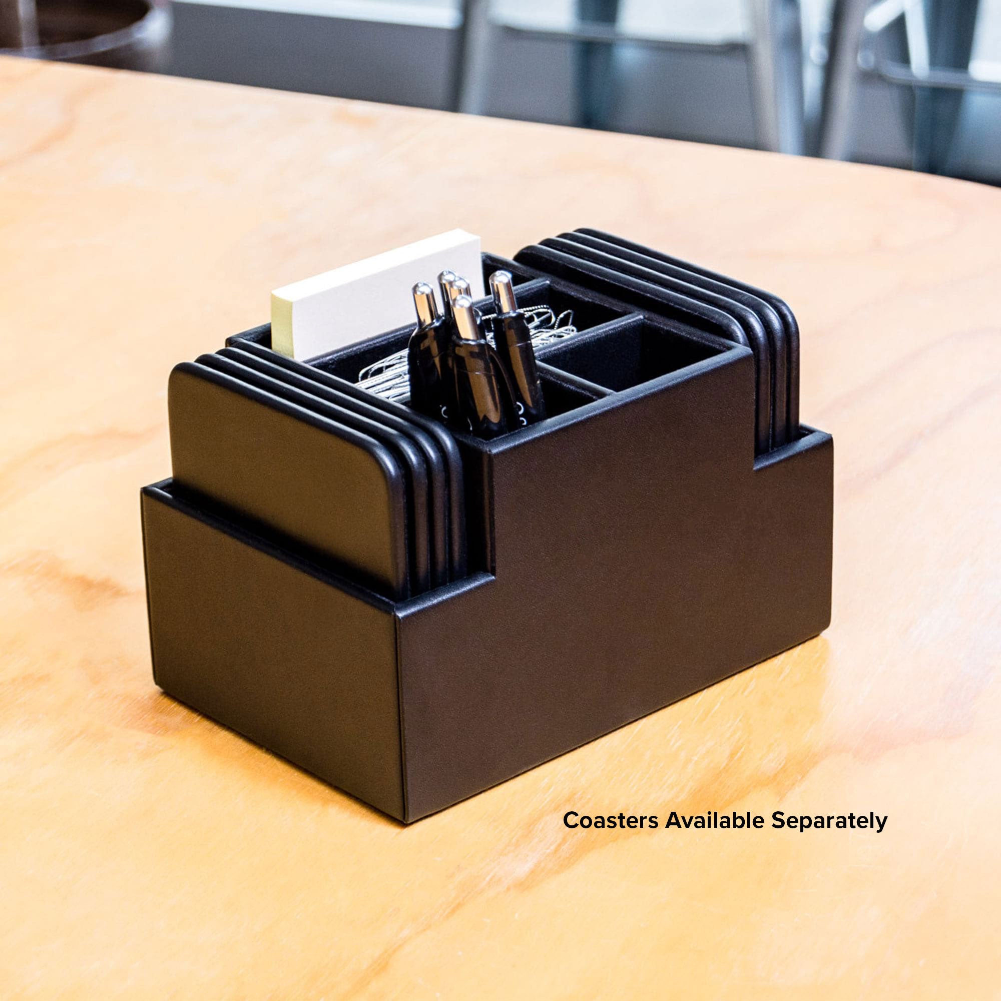 Classic Black Leather Multi-Purpose Desk Supply Organizer