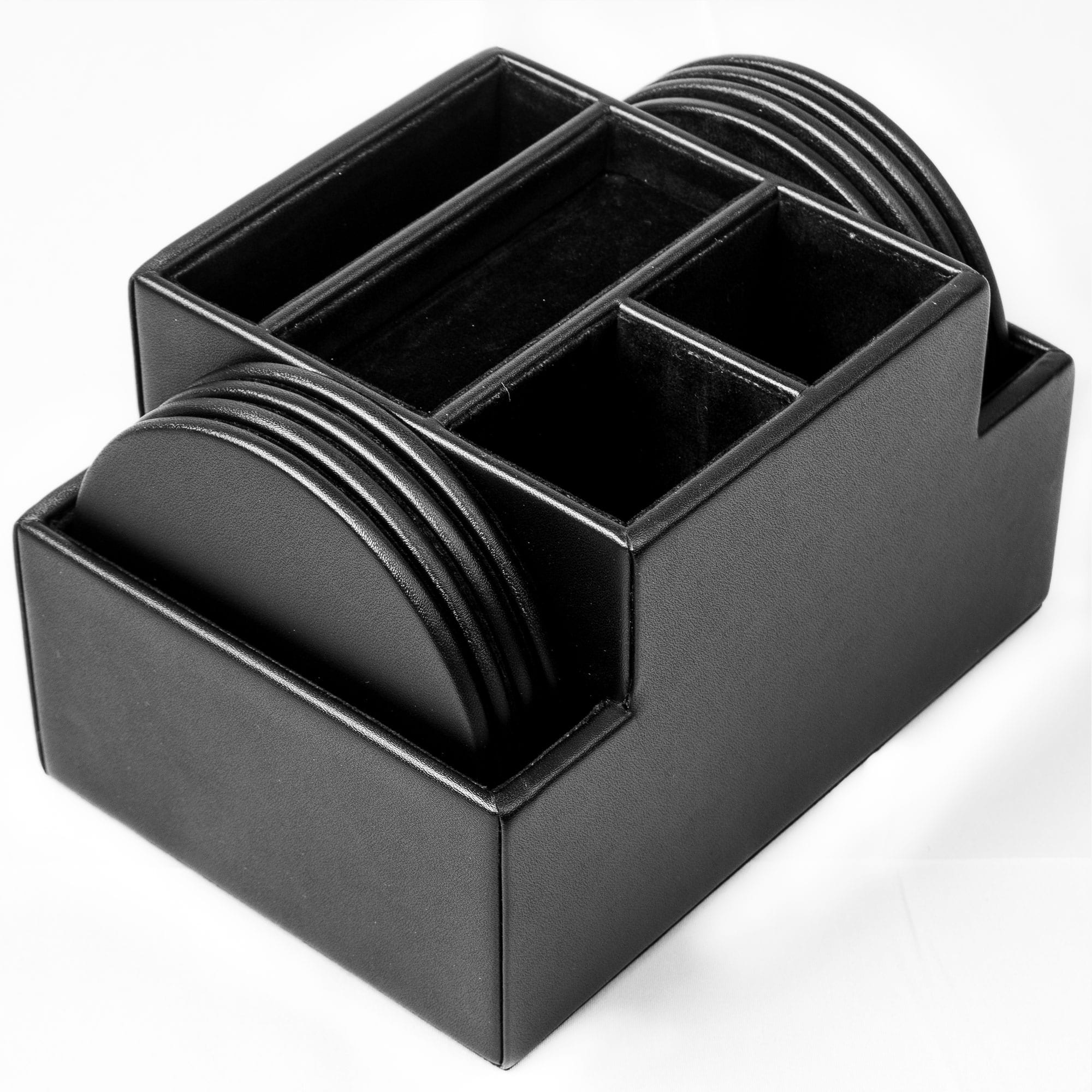 Black Leather 8 Round Coaster Set w/ Holder