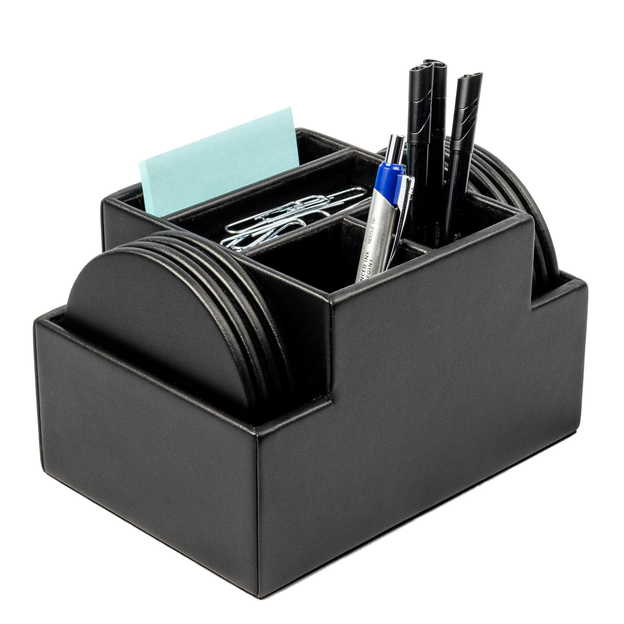 Black Leather 8 Round Coaster Set w/ Holder