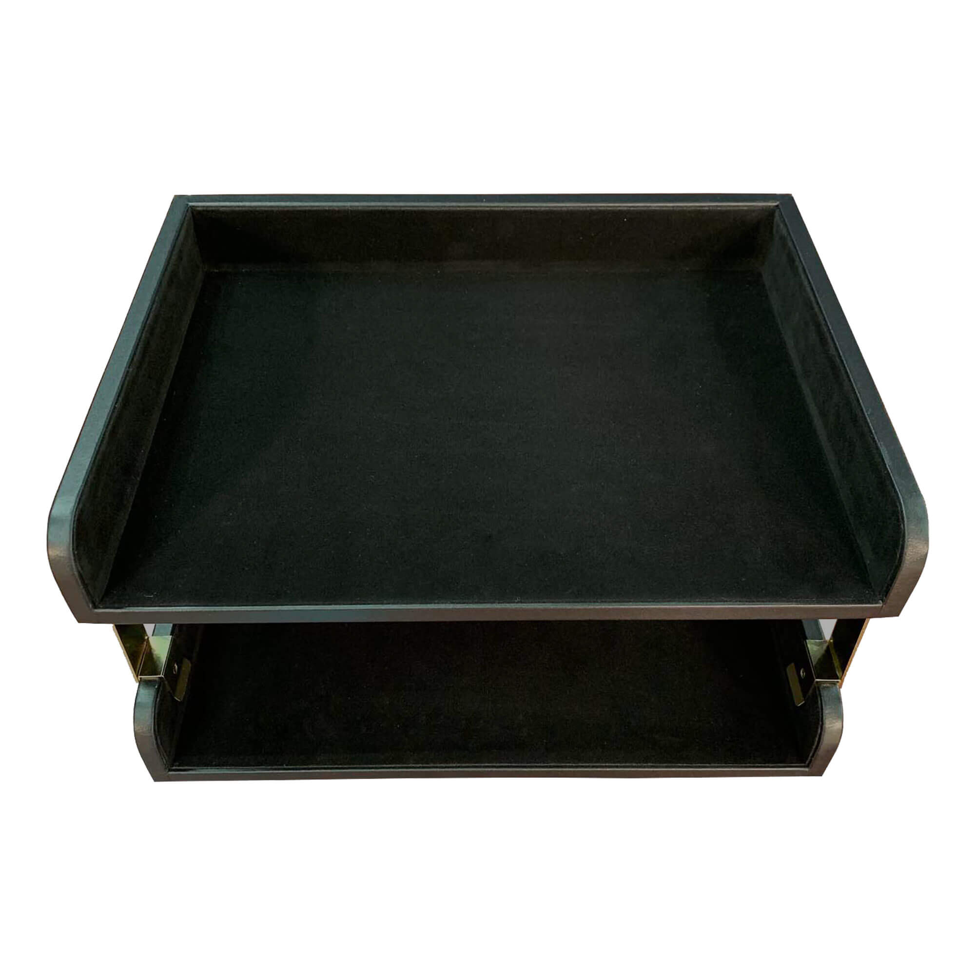 Classic Black Leather Double Side-Load Letter Trays with Gold Posts