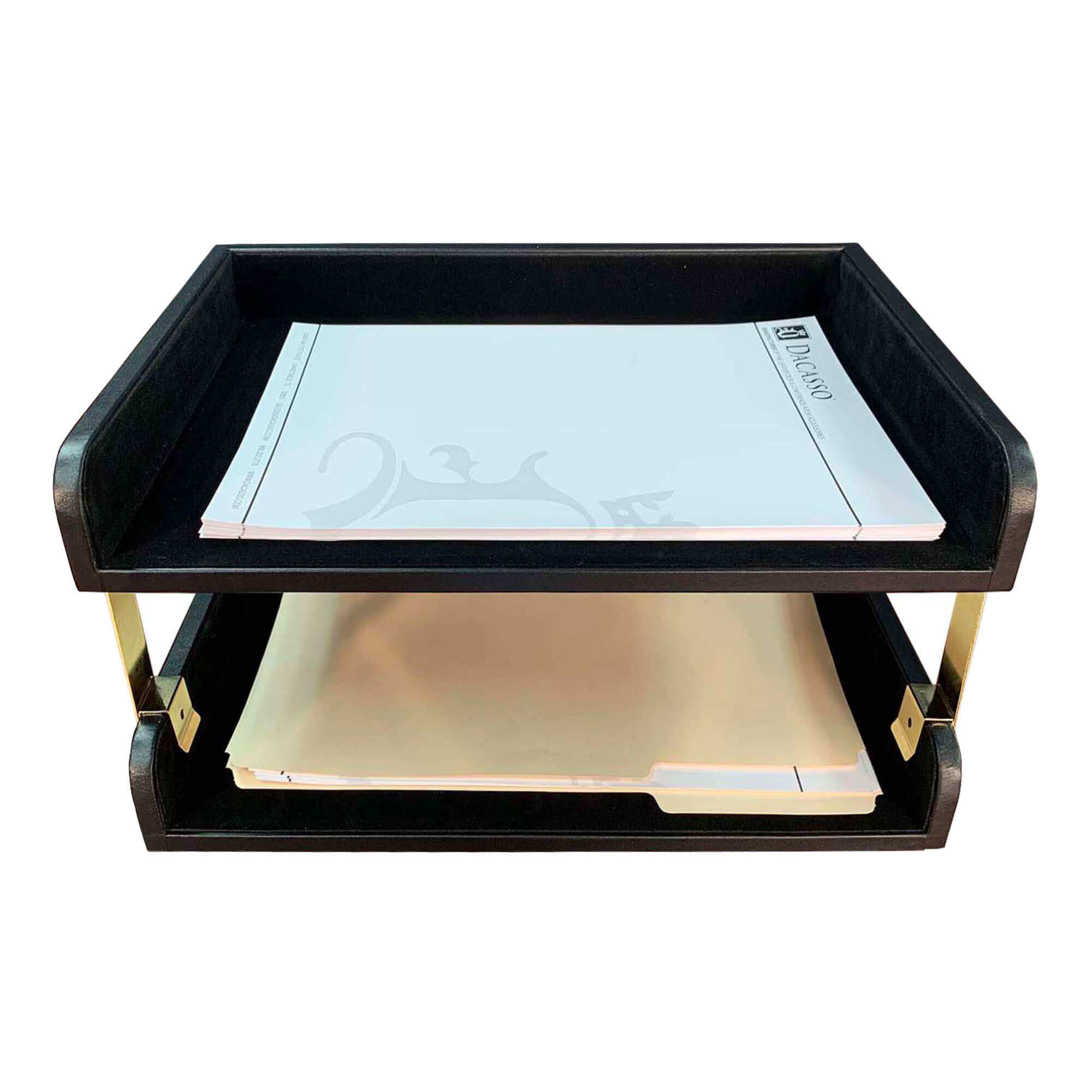 Classic Black Leather Double Side-Load Letter Trays with Gold Posts