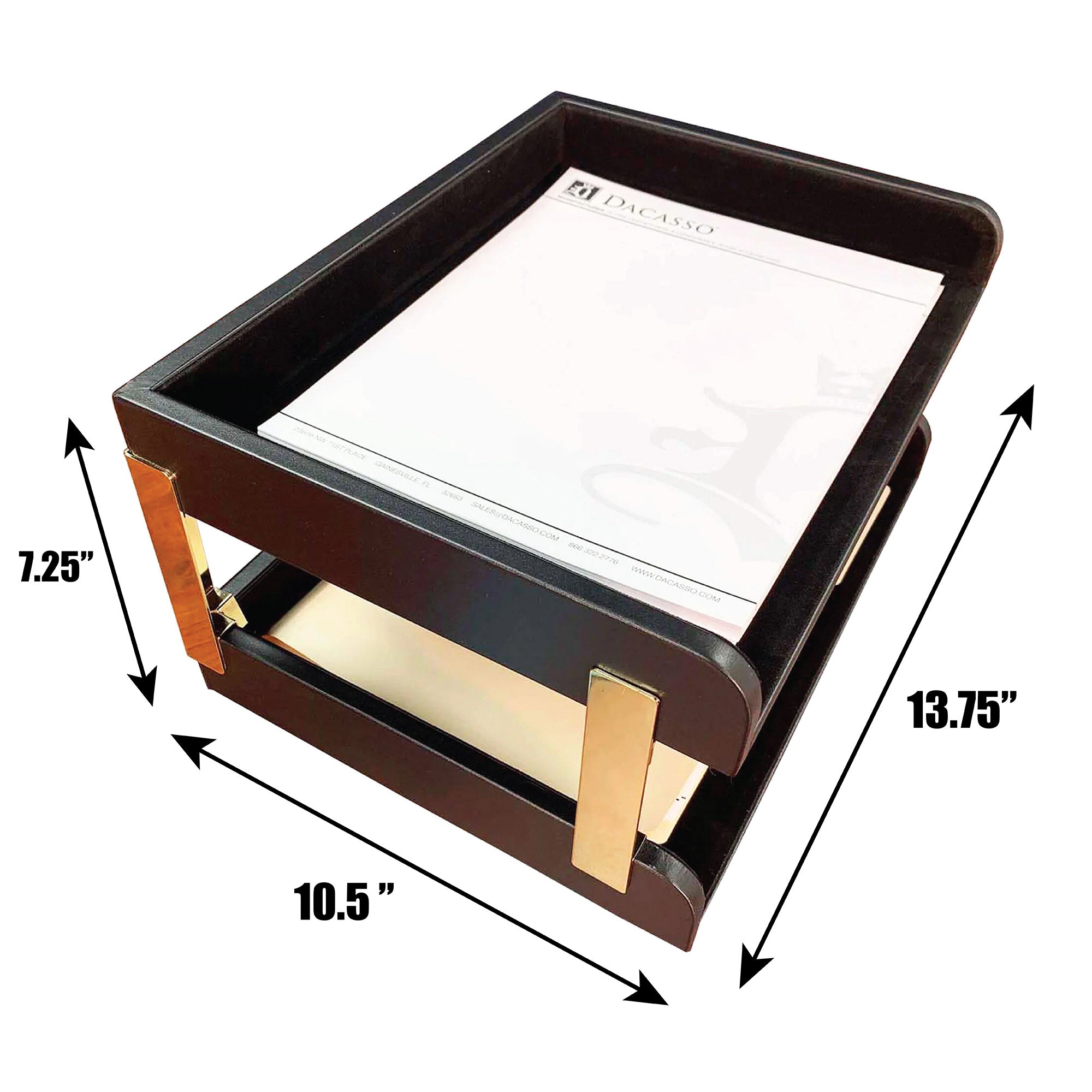 Classic Black Leather Double Side-Load Letter Trays with Gold Posts