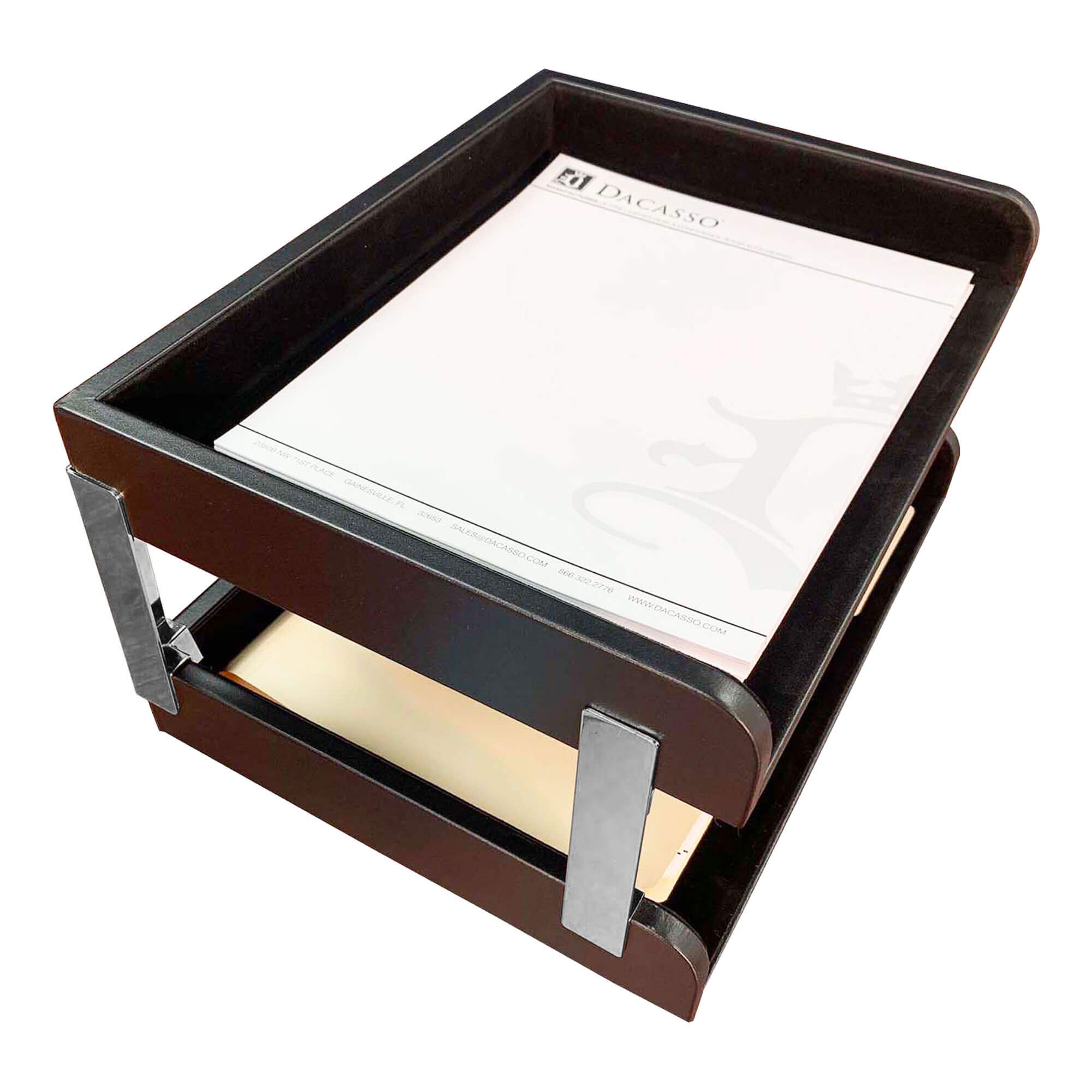 Classic Black Leather Letter Tray, Side Load, Stacking Set, Silver