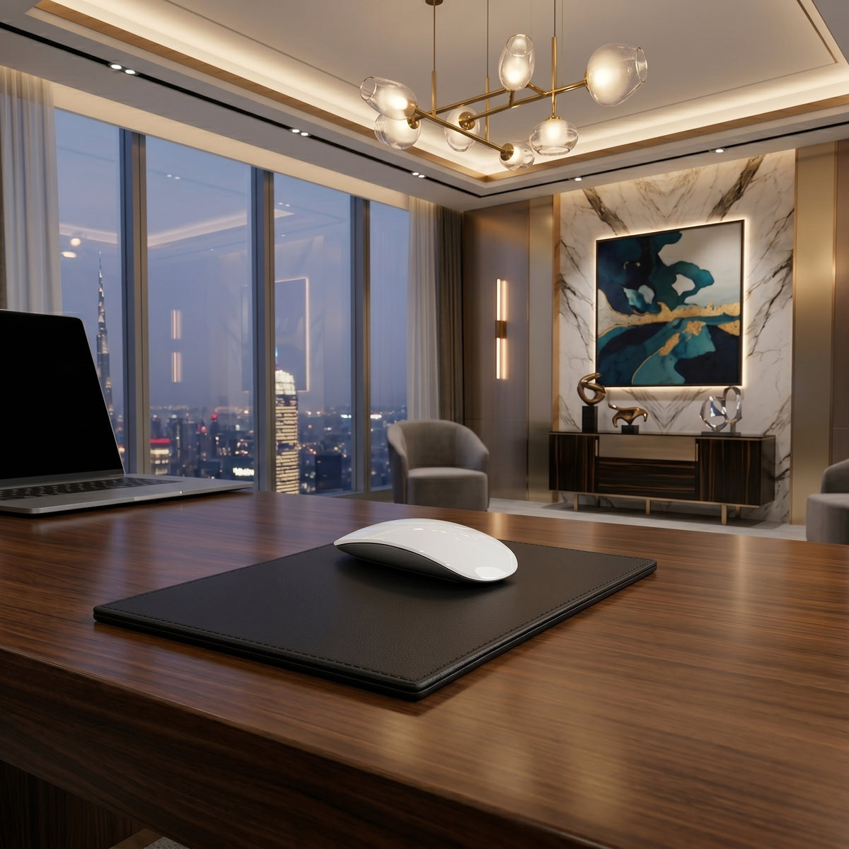 Black Leather Rectangular Mouse Pad With Stitching