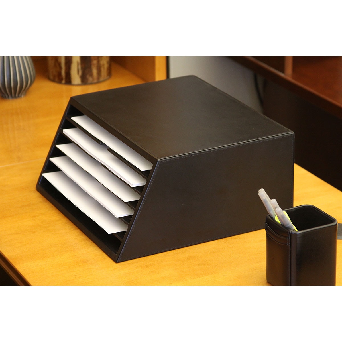 Classic Black Leather Vertical Letter Sorter