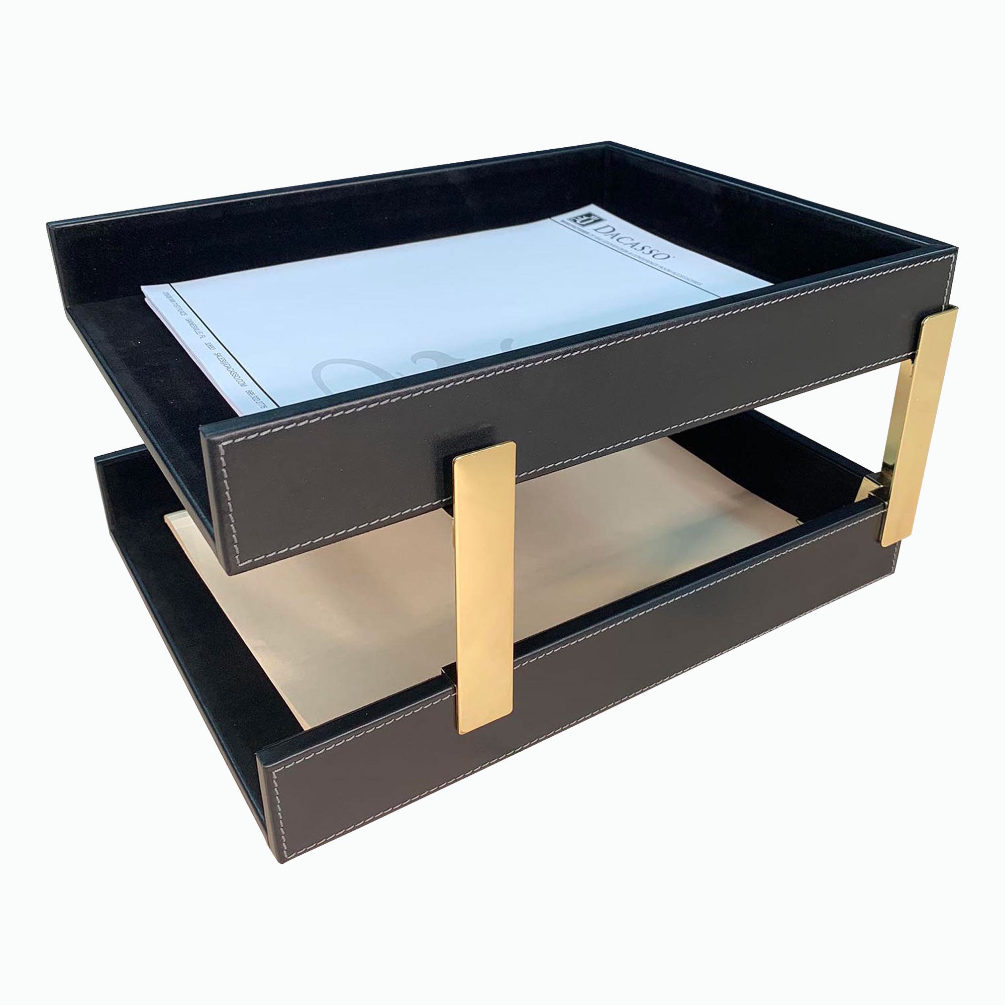 Rustic (Onyx) Black Leather Letter Tray, Stacking Set, Gold