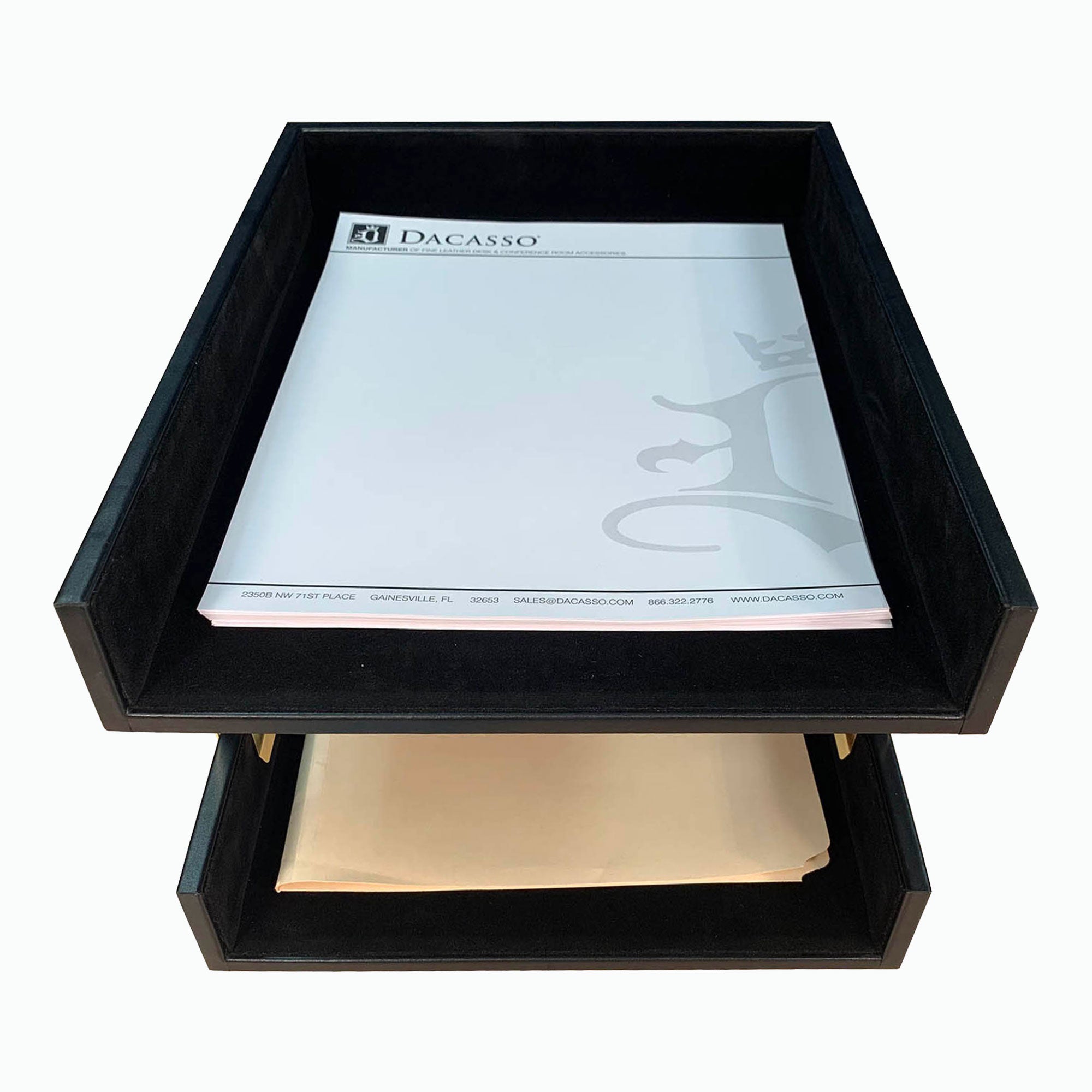 Rustic (Onyx) Black Leather Letter Tray, Stacking Set, Gold