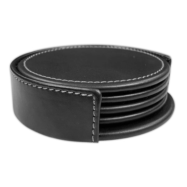 Rustic (Onyx) Black Leather 4 Round Coaster Set w/ Holder
